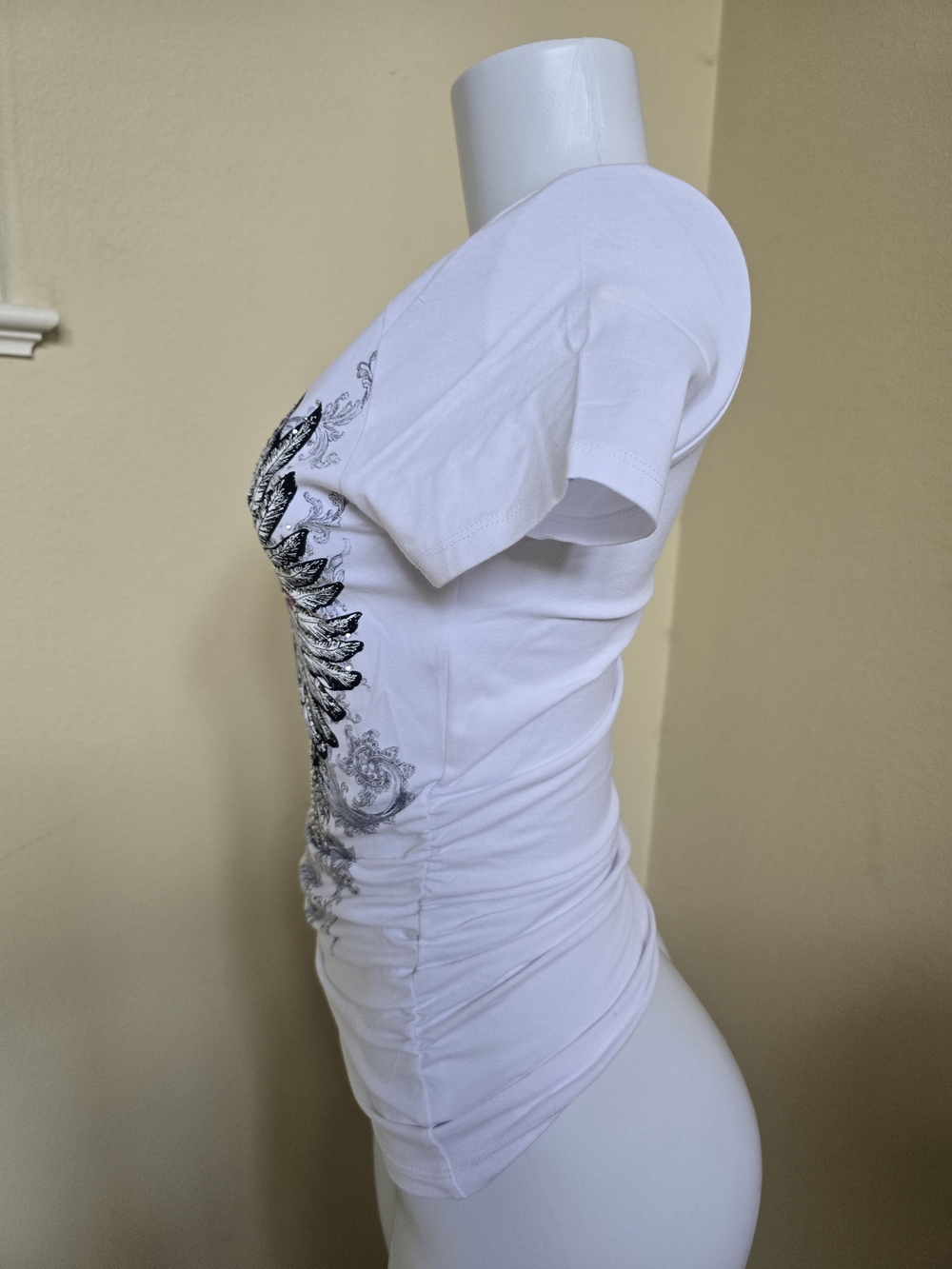White Short Sleeve Graphic Tee with Side Ruching